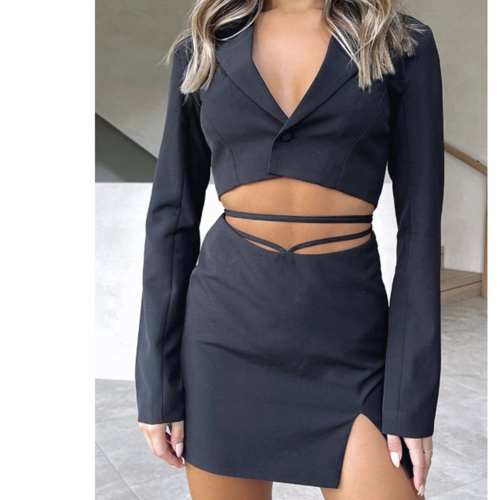 White Fox Creative Direction Cropped Blazer and Loose Ends Mini Skirt Black